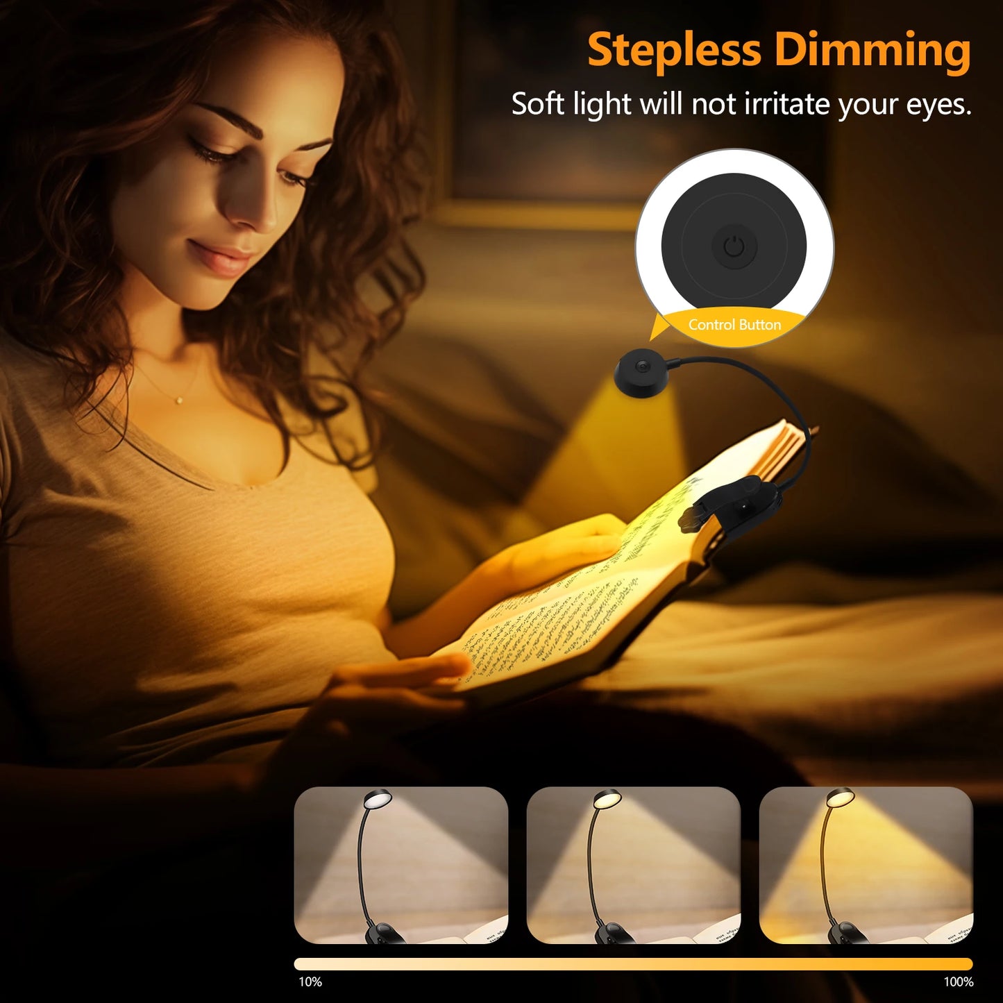 LED dimmable wireless desk lamp, USB rechargeable reading light, LED night light, laptop light, foldable book clip light
