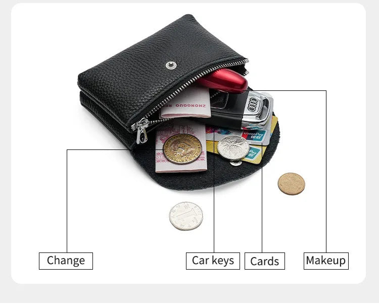 Genuine Leather Short Coin Wallets Card Holder Bag Case Portable Retro Cowhide Small Money Purse For Men Women Earphone Pouch