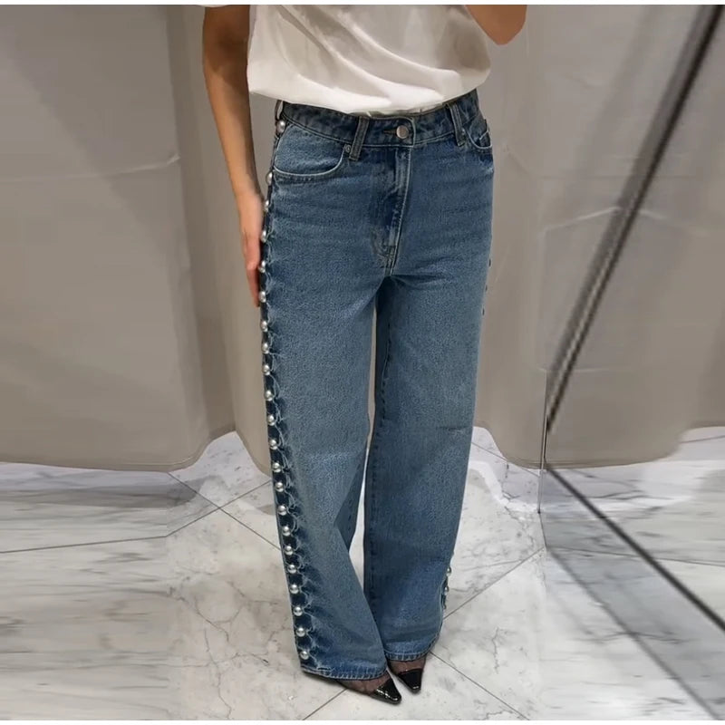 Chic Women's Sides Studs Decorate Denim Jeans Pant High Waist Wide Leg Pants Female 2025 New Trendy Streetwear Luxury Trousers