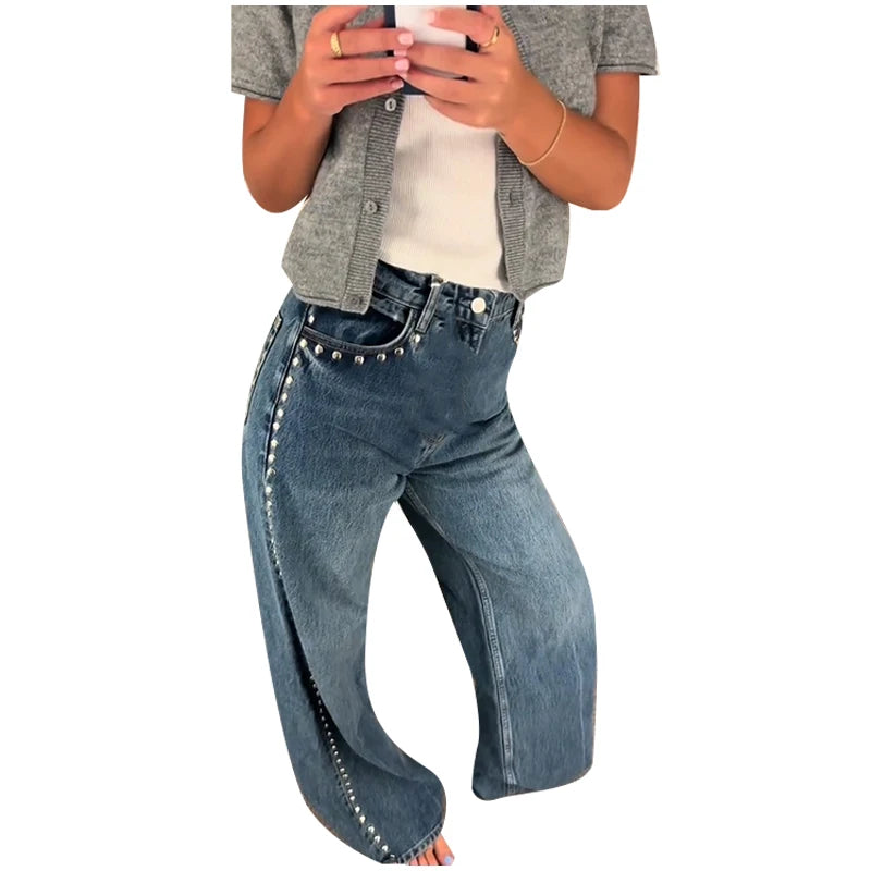 Chic Women's Sides Studs Decorate Denim Jeans Pant High Waist Wide Leg Pants Female 2025 New Trendy Streetwear Luxury Trousers
