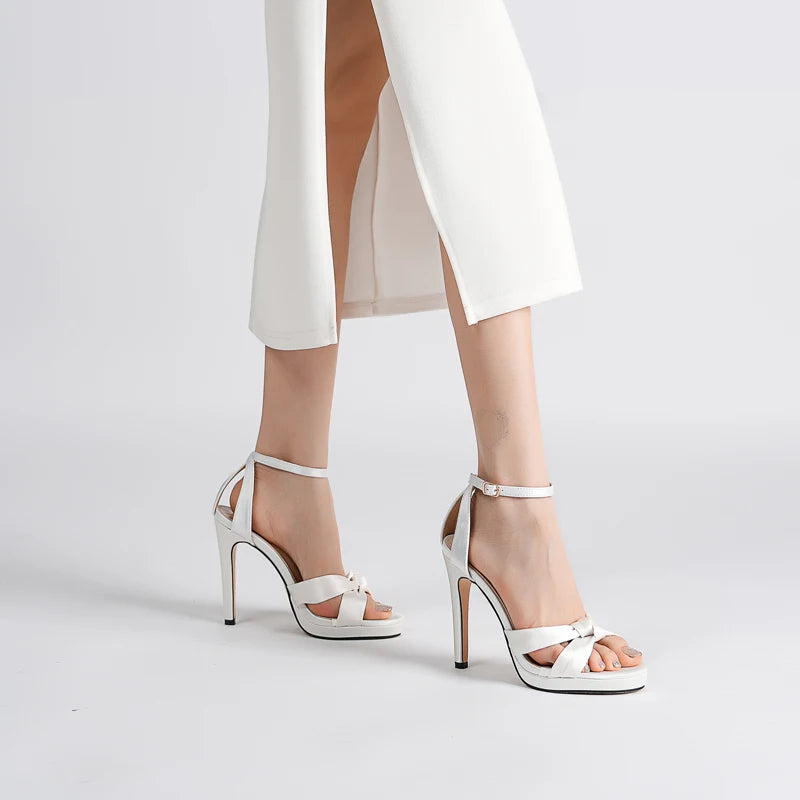 2024 New White Banquet Silk Sequined Women's Shoes Round Toe Summer platform High Heels Open Toe Back Strap Platform Sandals