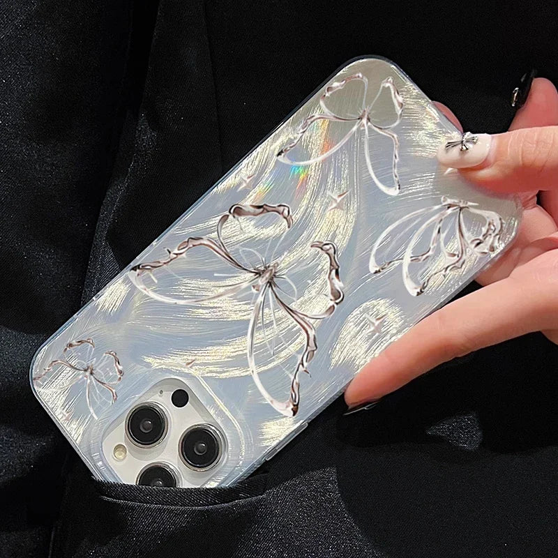 Luxury Laser Silver Butterfly Phone Case for iPhone 15 Pro Max 14 13 12 11 XS XR X 7 8 Plus SE 2020 2022 SE2 SE3 Silicone Cover