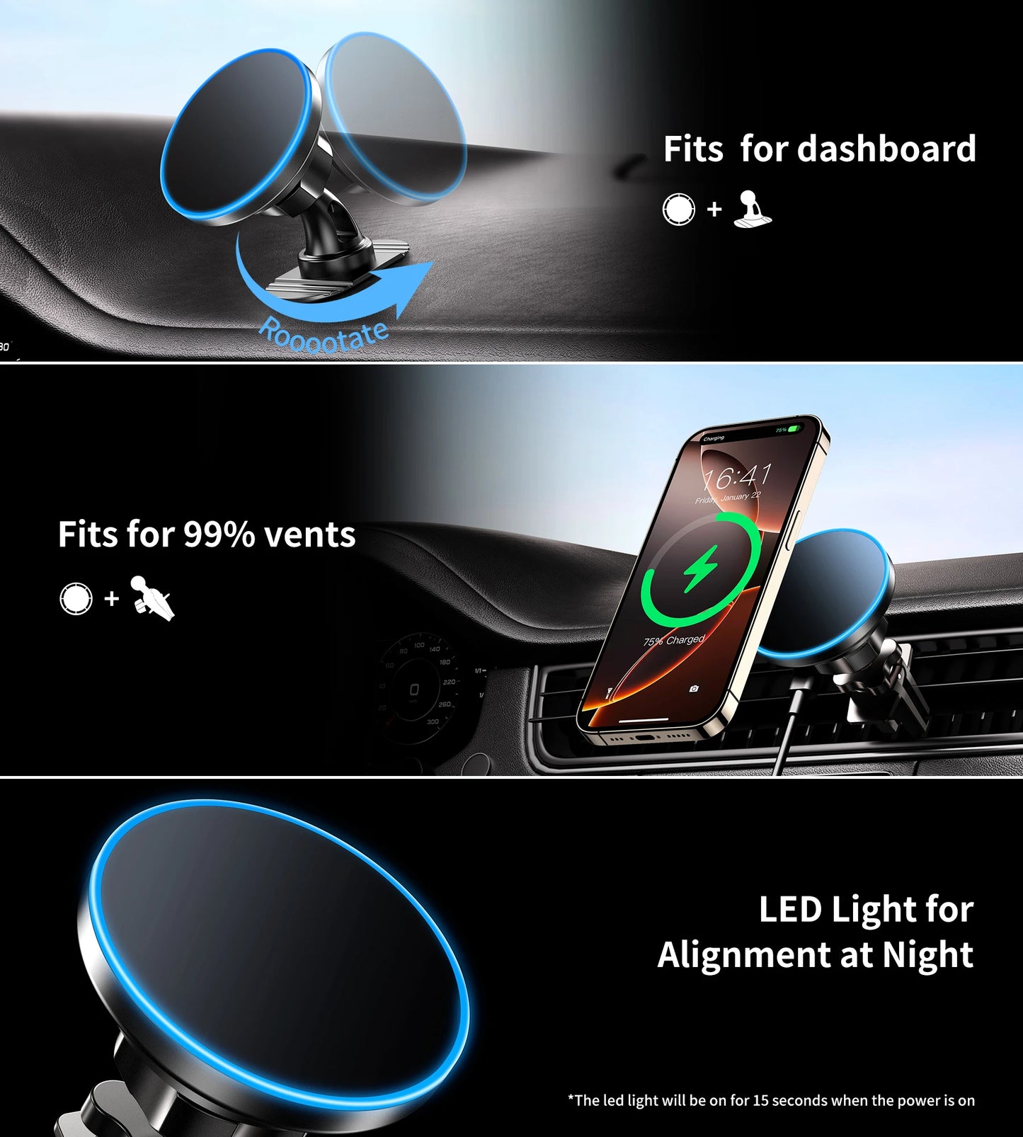 for iPhone 16 Magsafe Car Mount Charger [2024 New] 15W 2in1 Magnetic Wireless Car Charger fits for Magsafe Car Charger Vent/D