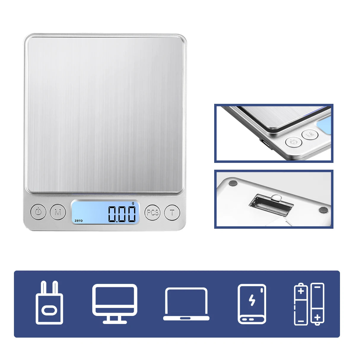 Digital Kitchen Scale 3000g/ 0.1g USB Charging with 2 Trays Home Mini Jewelry Pocket Scale with LCD Display Digital Food Scales
