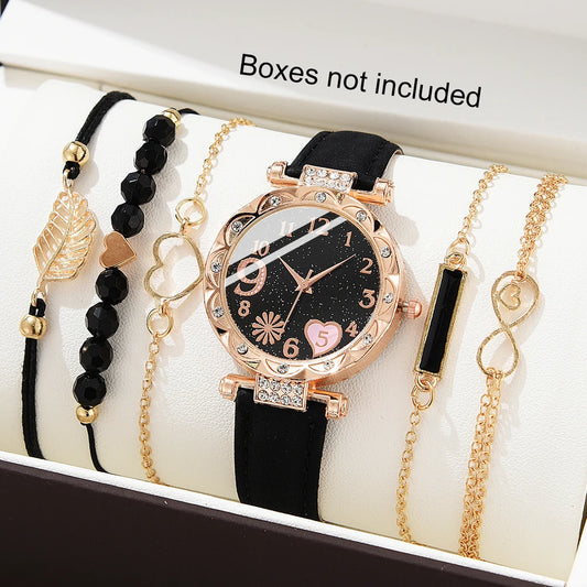 5PCS Set Watch For Women Luxury Leather Analog Ladies Quartz Wrist Watch Fashion Bracelet Watch Set Female Relogio Feminino