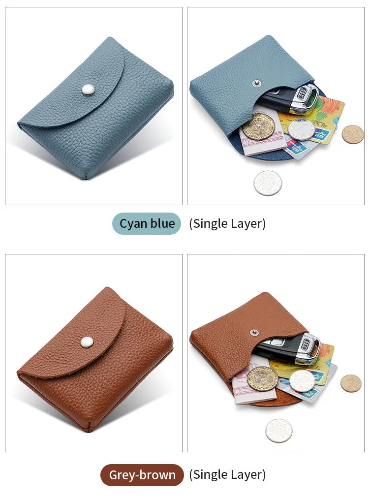 Genuine Leather Short Coin Wallets Card Holder Bag Case Portable Retro Cowhide Small Money Purse For Men Women Earphone Pouch