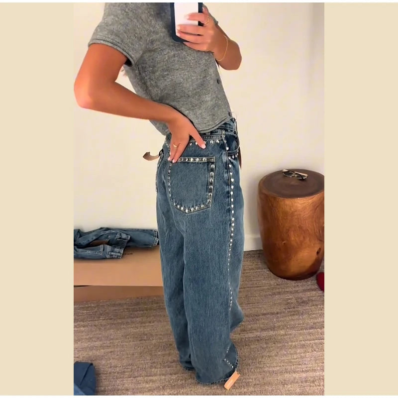 Chic Women's Sides Studs Decorate Denim Jeans Pant High Waist Wide Leg Pants Female 2025 New Trendy Streetwear Luxury Trousers