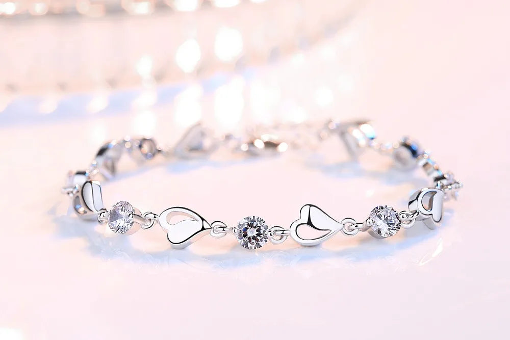 JewelryTop Store 925 Sterling Silver Bracelet Jewelry High Quality Retro Heart Wedding Shaped Cubic Zirconia Length 17CM+4CM