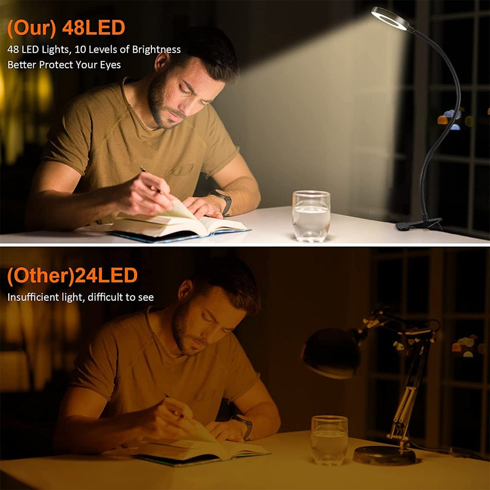 48 LEDs Desk Lamp USB Rechargeable Clip Book Light Flexible Eye Protection Reading Light 3 Level Brightness Adjustable