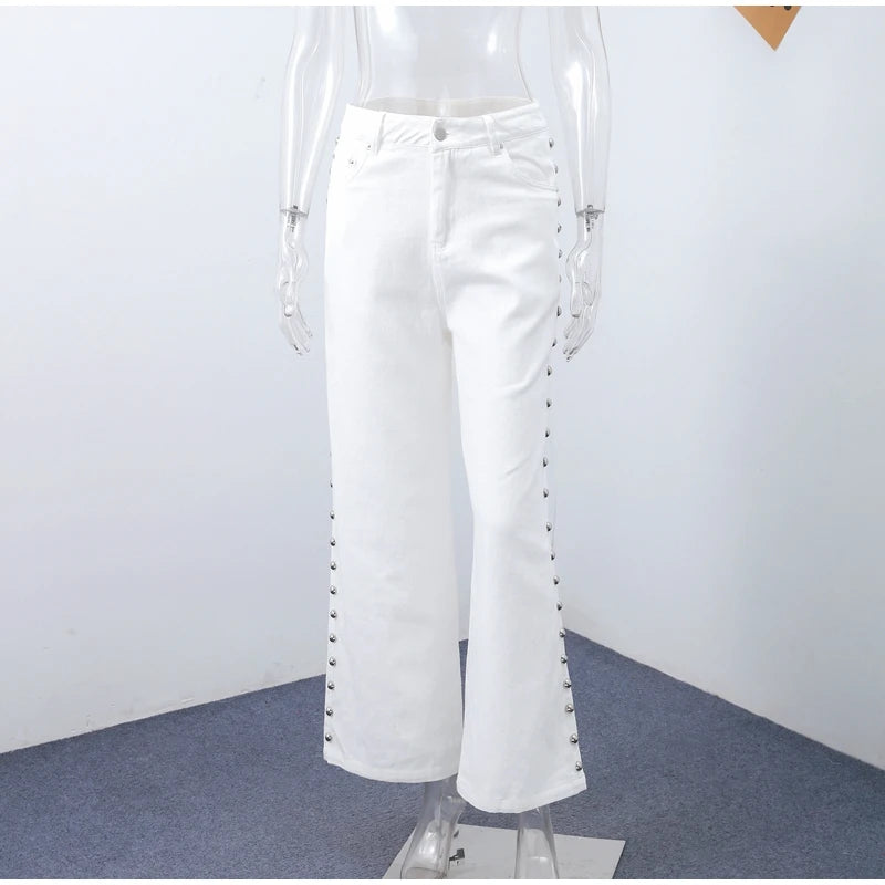 Chic Women's Sides Studs Decorate Denim Jeans Pant High Waist Wide Leg Pants Female 2025 New Trendy Streetwear Luxury Trousers