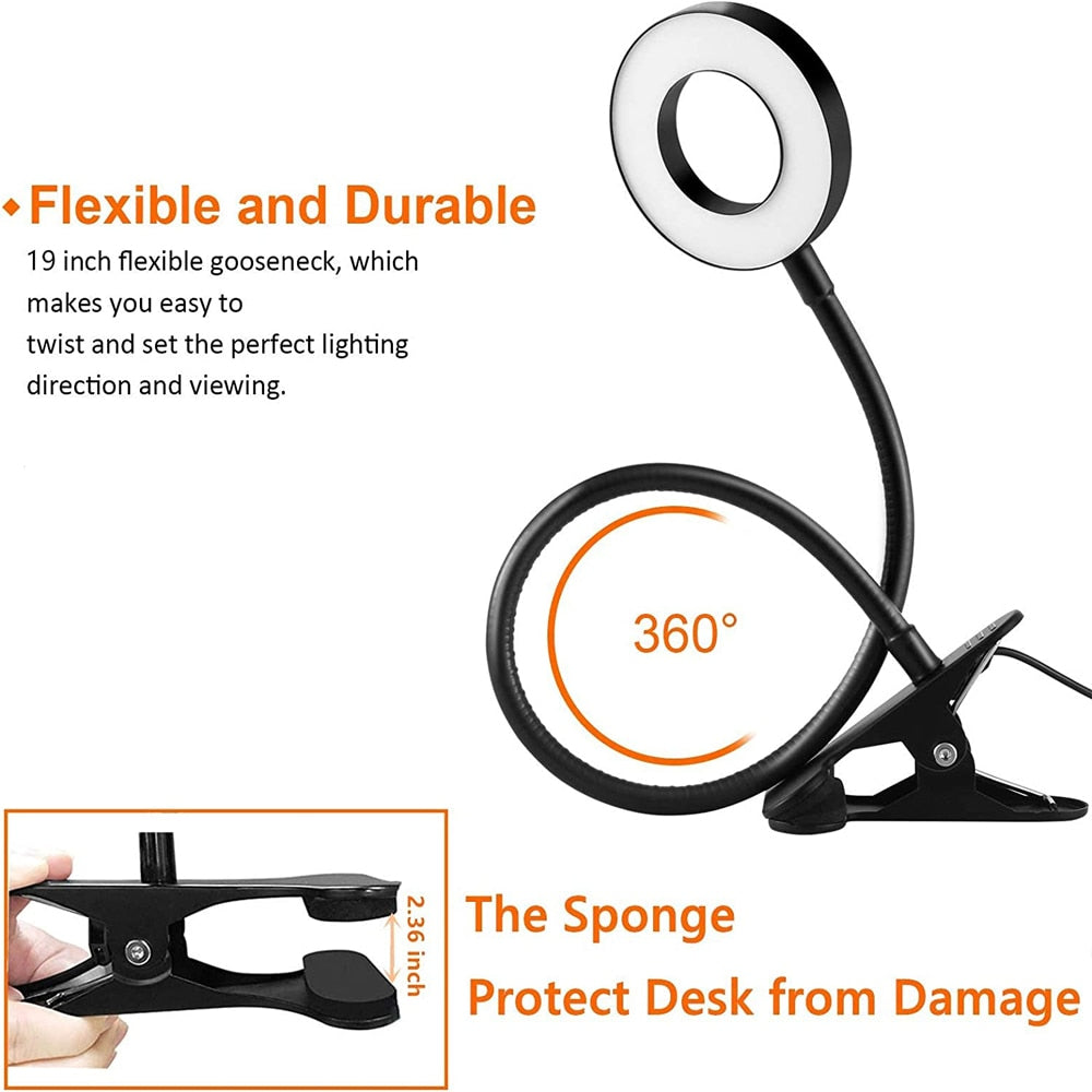48 LEDs Desk Lamp USB Rechargeable Clip Book Light Flexible Eye Protection Reading Light 3 Level Brightness Adjustable
