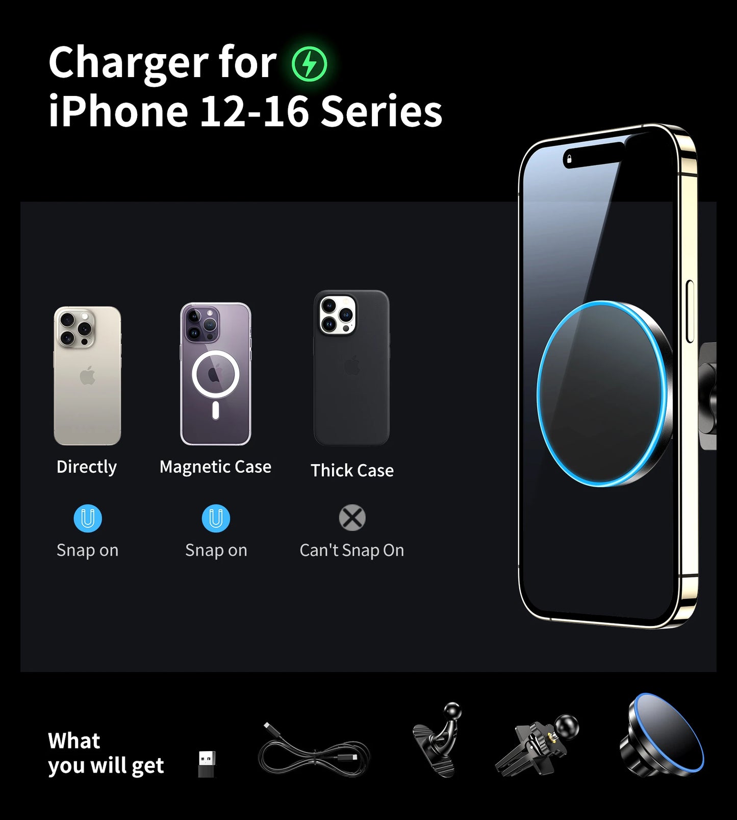 for iPhone 16 Magsafe Car Mount Charger [2024 New] 15W 2in1 Magnetic Wireless Car Charger fits for Magsafe Car Charger Vent/D