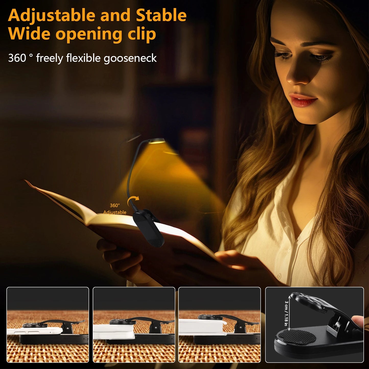 LED dimmable wireless desk lamp, USB rechargeable reading light, LED night light, laptop light, foldable book clip light