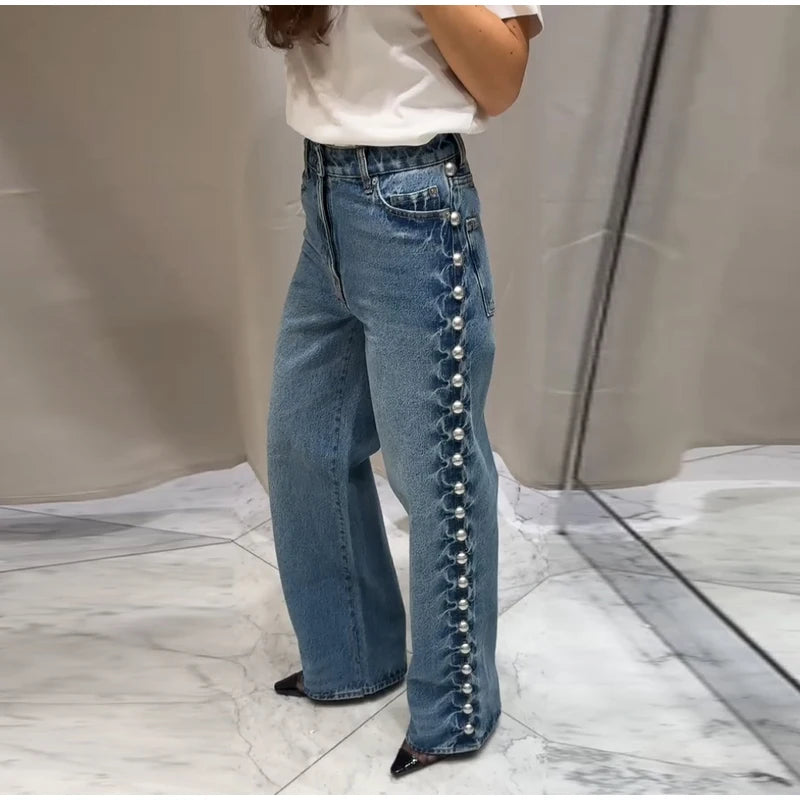 Chic Women's Sides Studs Decorate Denim Jeans Pant High Waist Wide Leg Pants Female 2025 New Trendy Streetwear Luxury Trousers